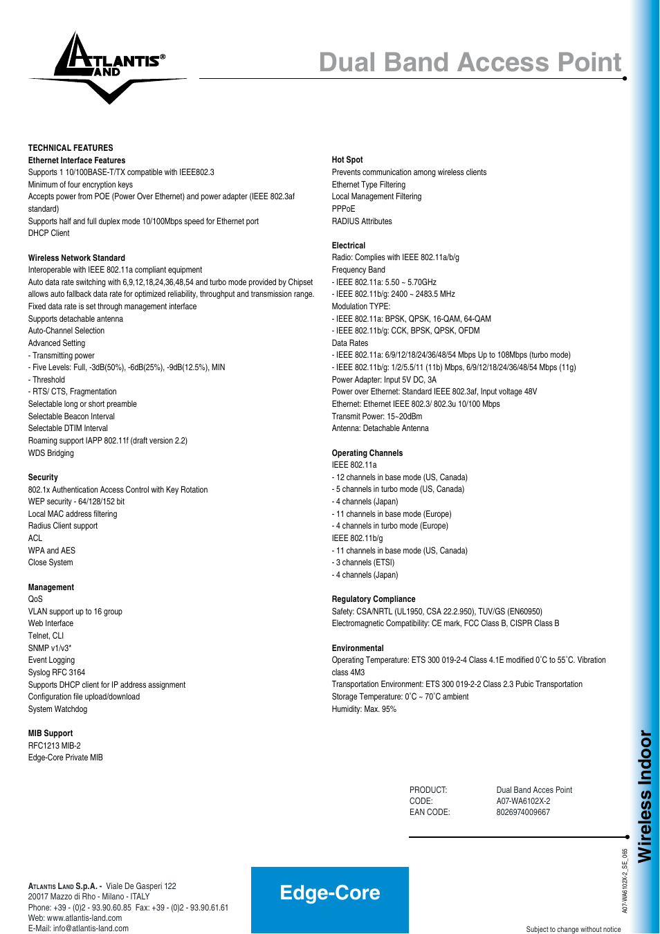 Dual band access point, Edge-core, Wireless indoor | Atlantis Land Dual Band Access Point User Manual | Page 2 / 2