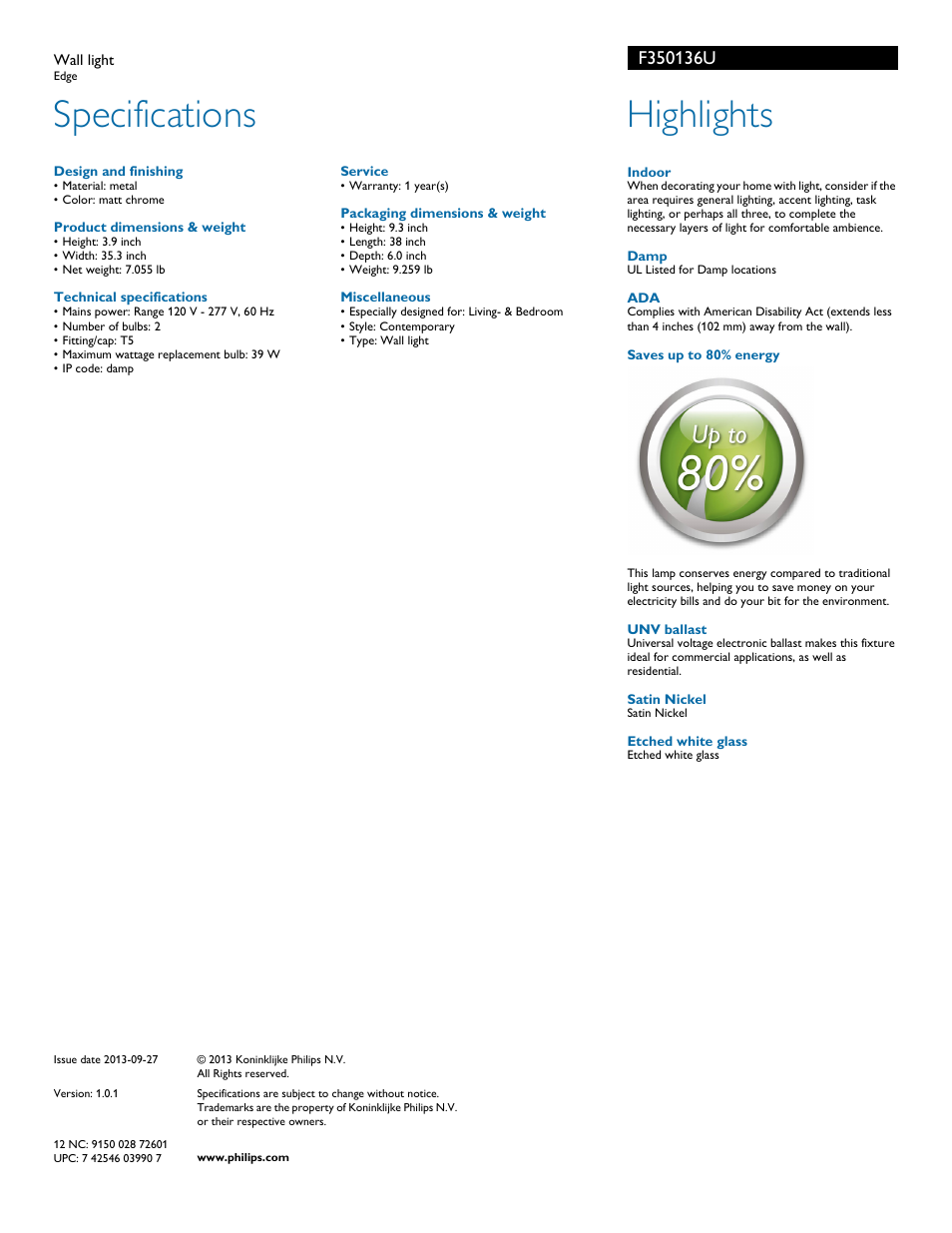 Specifications, Highlights | Philips F350136U User Manual | Page 2 / 2