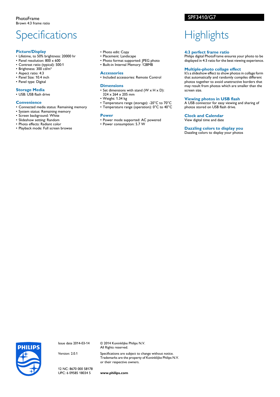 Specifications, Highlights | Philips SPF3410-G7 User Manual | Page 2 / 2