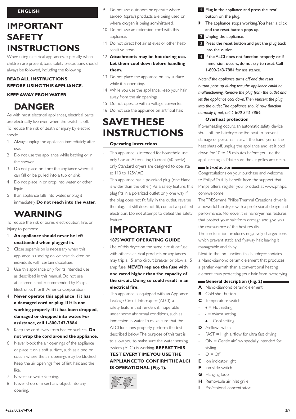 English, Save these instructions, Important | Important safety instructions, Danger, Warning | Philips HP4990-05 User Manual | Page 2 / 9