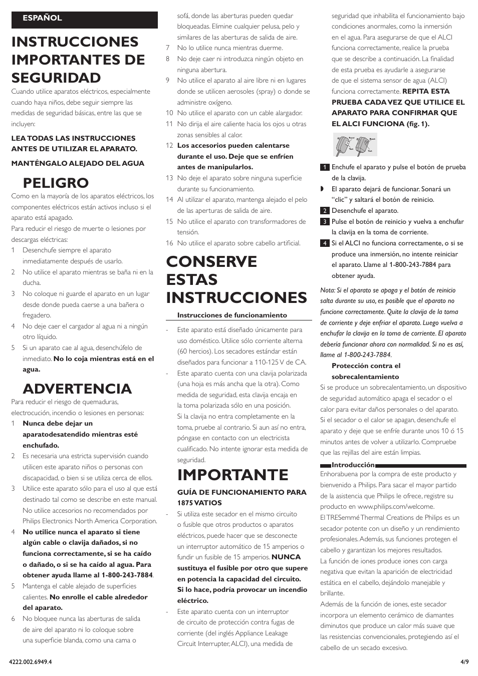 Español, Conserve estas instrucciones, Importante | Instrucciones importantes de seguridad, Peligro, Advertencia | Philips HP4990-05 User Manual | Page 4 / 9