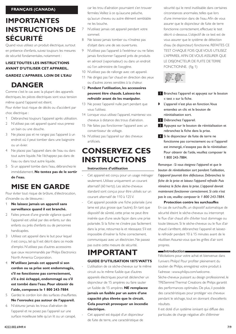 Français (canada), Conservez ces instructions, Important | Importantes instructions de sécurité, Danger, Mise en garde | Philips HP4990-05 User Manual | Page 7 / 9