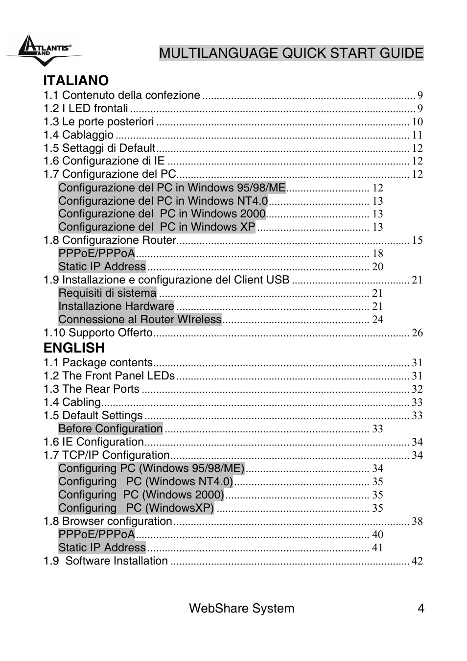 Index, Multilanguage quick start guide, Italiano | English | Atlantis Land A02-WS1 GX01 User Manual | Page 4 / 92