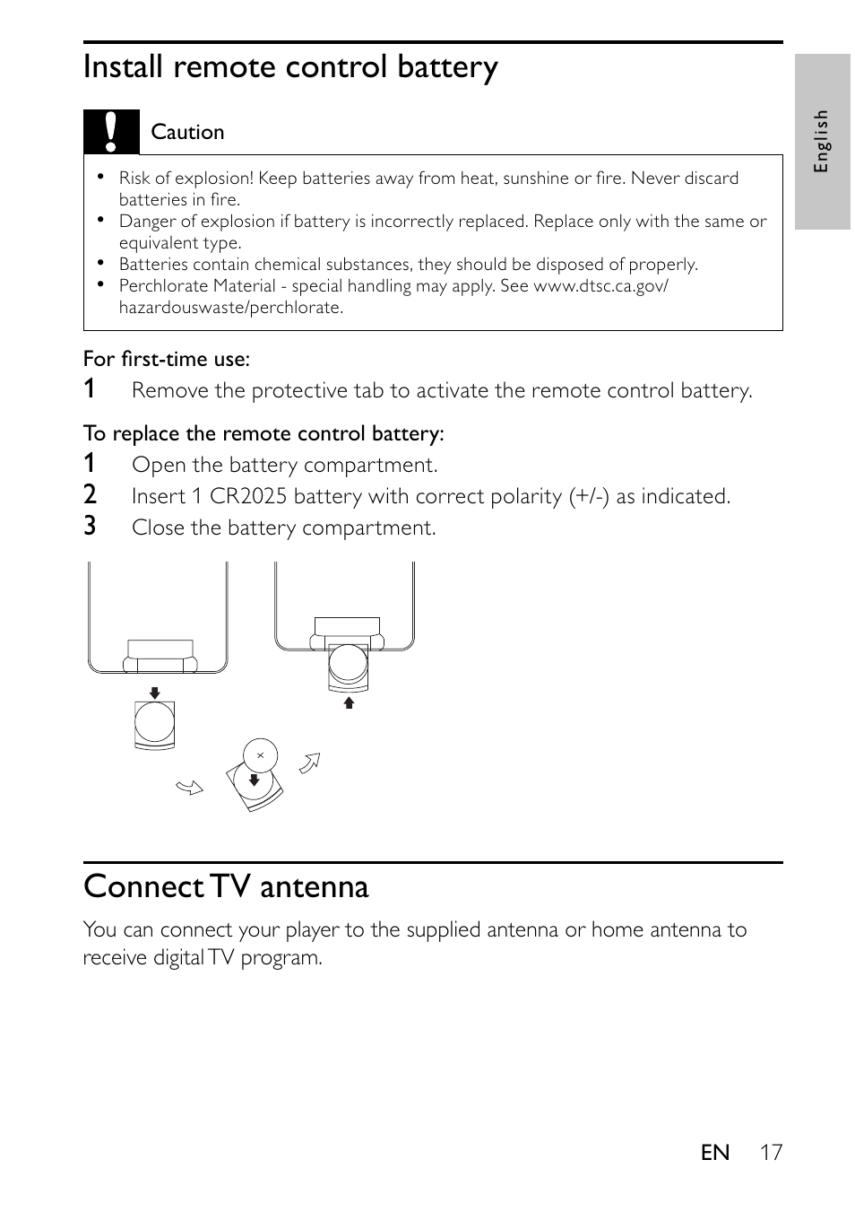 Install remote control battery, Connect tv antenna | Philips PVD700-37 User Manual | Page 17 / 30