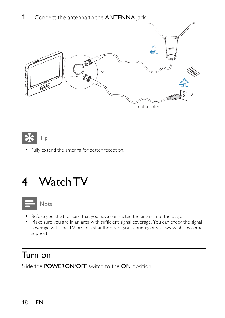 4 watch tv, Turn on | Philips PVD700-37 User Manual | Page 18 / 30