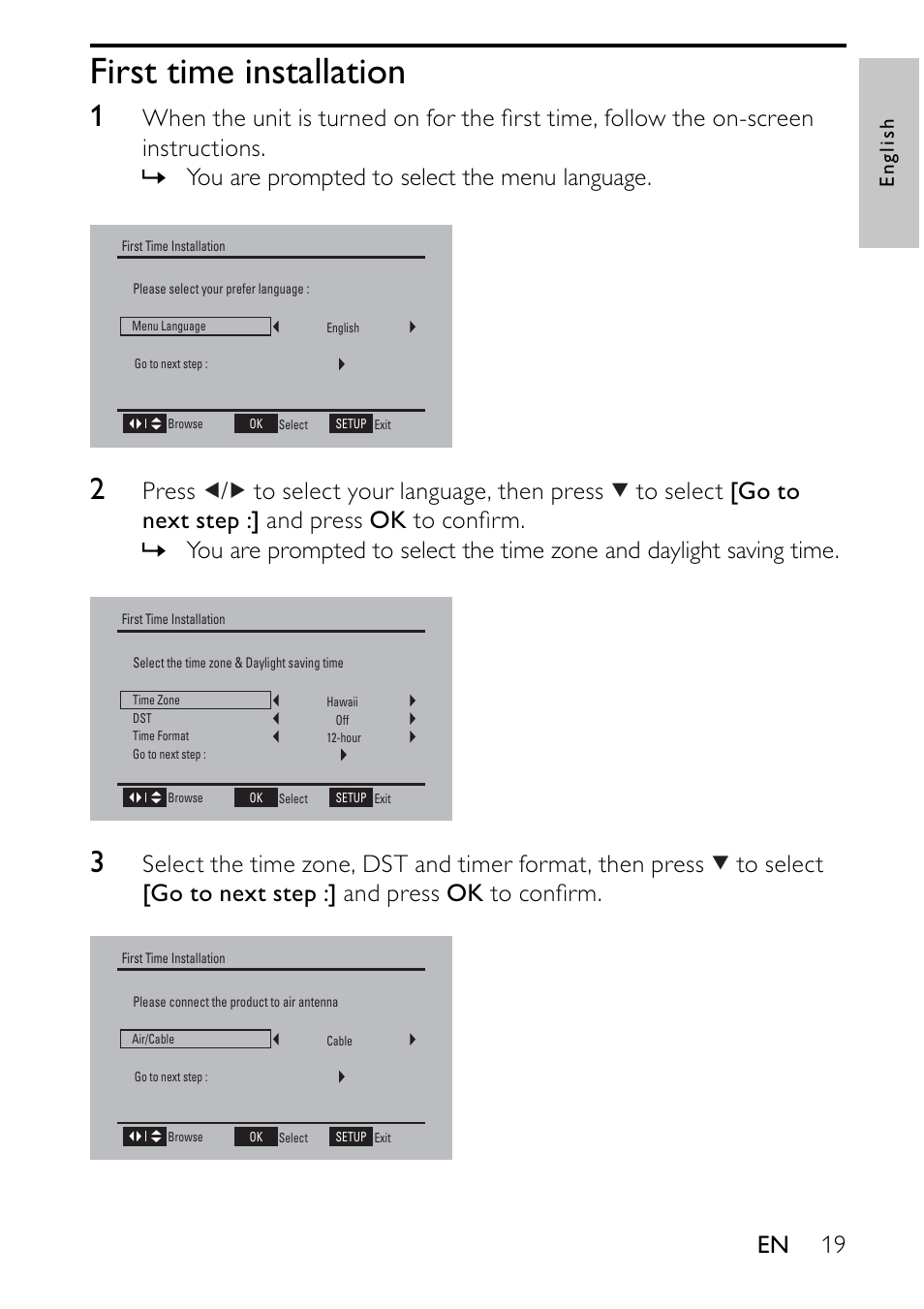 First time installation | Philips PVD700-37 User Manual | Page 19 / 30