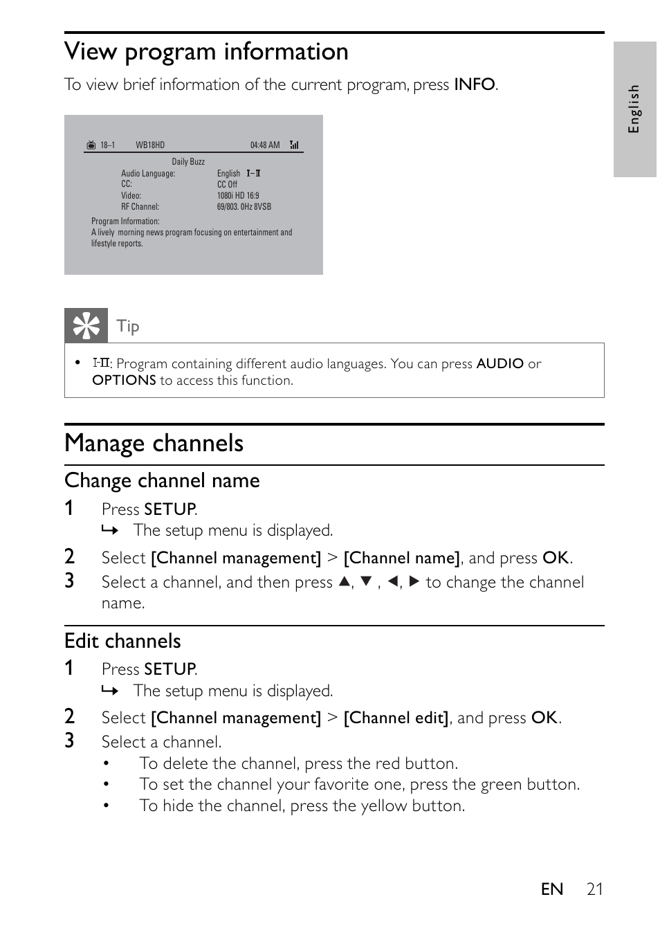 View program information, Manage channels, Change channel name 1 | Edit channels 1 | Philips PVD700-37 User Manual | Page 21 / 30