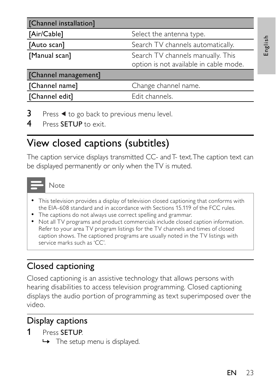 View closed captions (subtitles), Closed captioning, Display captions 1 | Philips PVD700-37 User Manual | Page 23 / 30