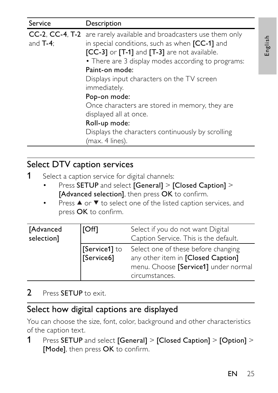 Select dtv caption services 1, Select how digital captions are displayed | Philips PVD700-37 User Manual | Page 25 / 30