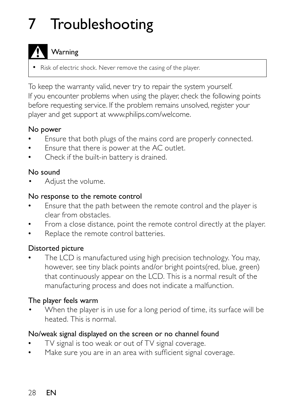 7 troubleshooting | Philips PVD700-37 User Manual | Page 28 / 30