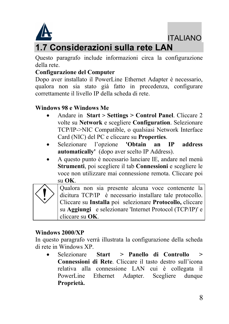 7 considerazioni sulla rete lan, Italiano | Atlantis Land A02-PL100 User Manual | Page 11 / 58