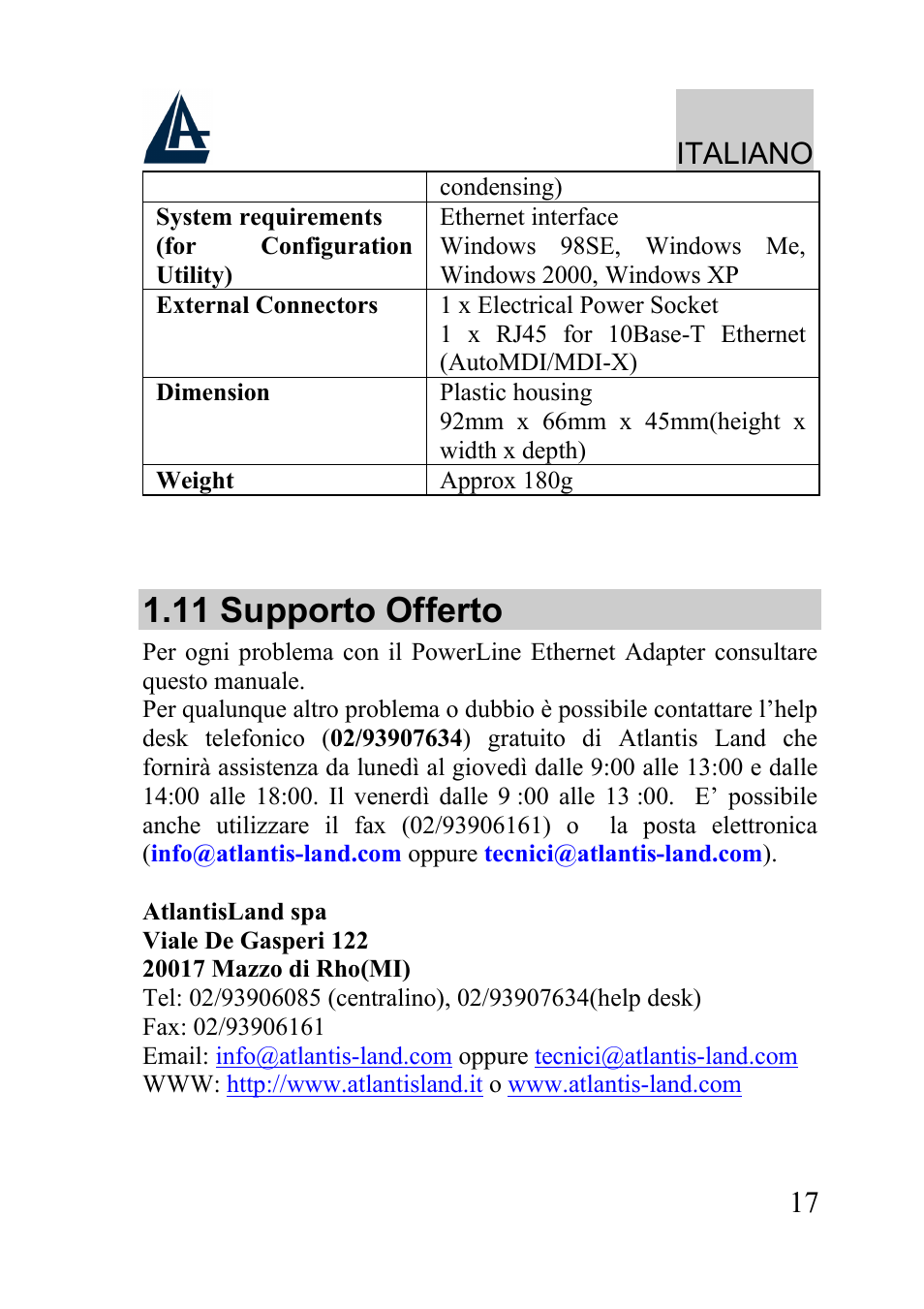 11 supporto offerto, Italiano | Atlantis Land A02-PL100 User Manual | Page 20 / 58