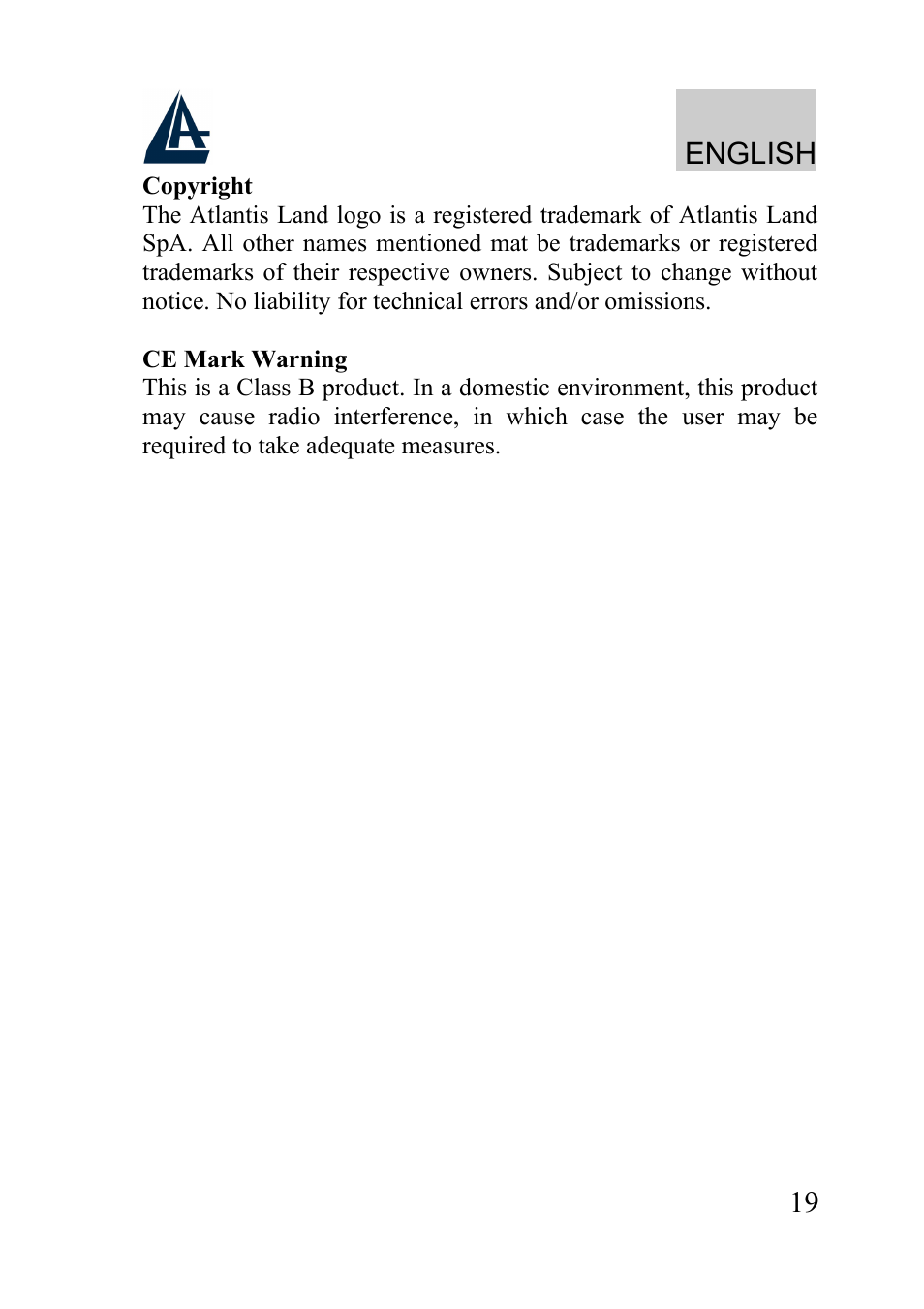 English | Atlantis Land A02-PL100 User Manual | Page 22 / 58