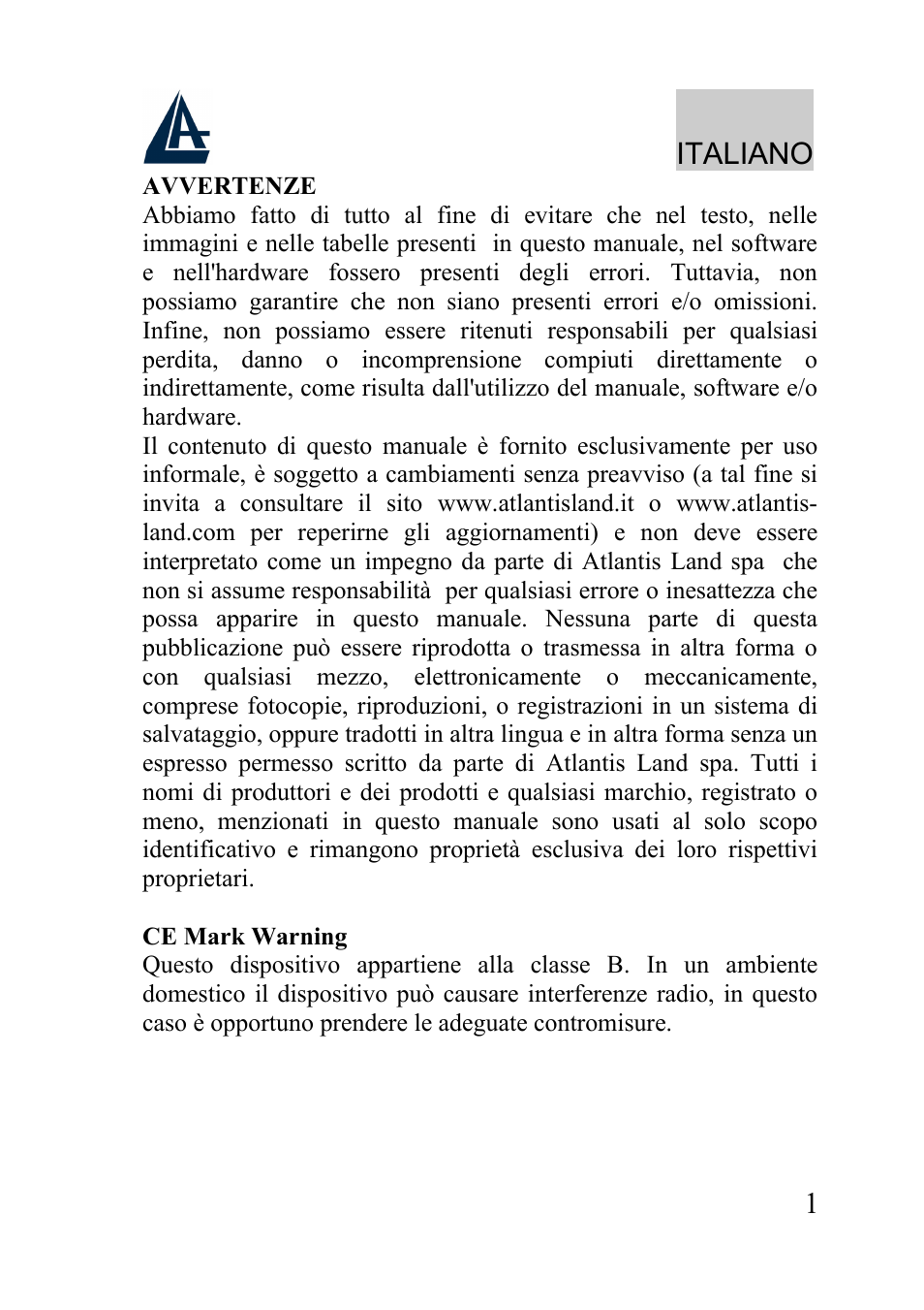 Italiano | Atlantis Land A02-PL100 User Manual | Page 4 / 58