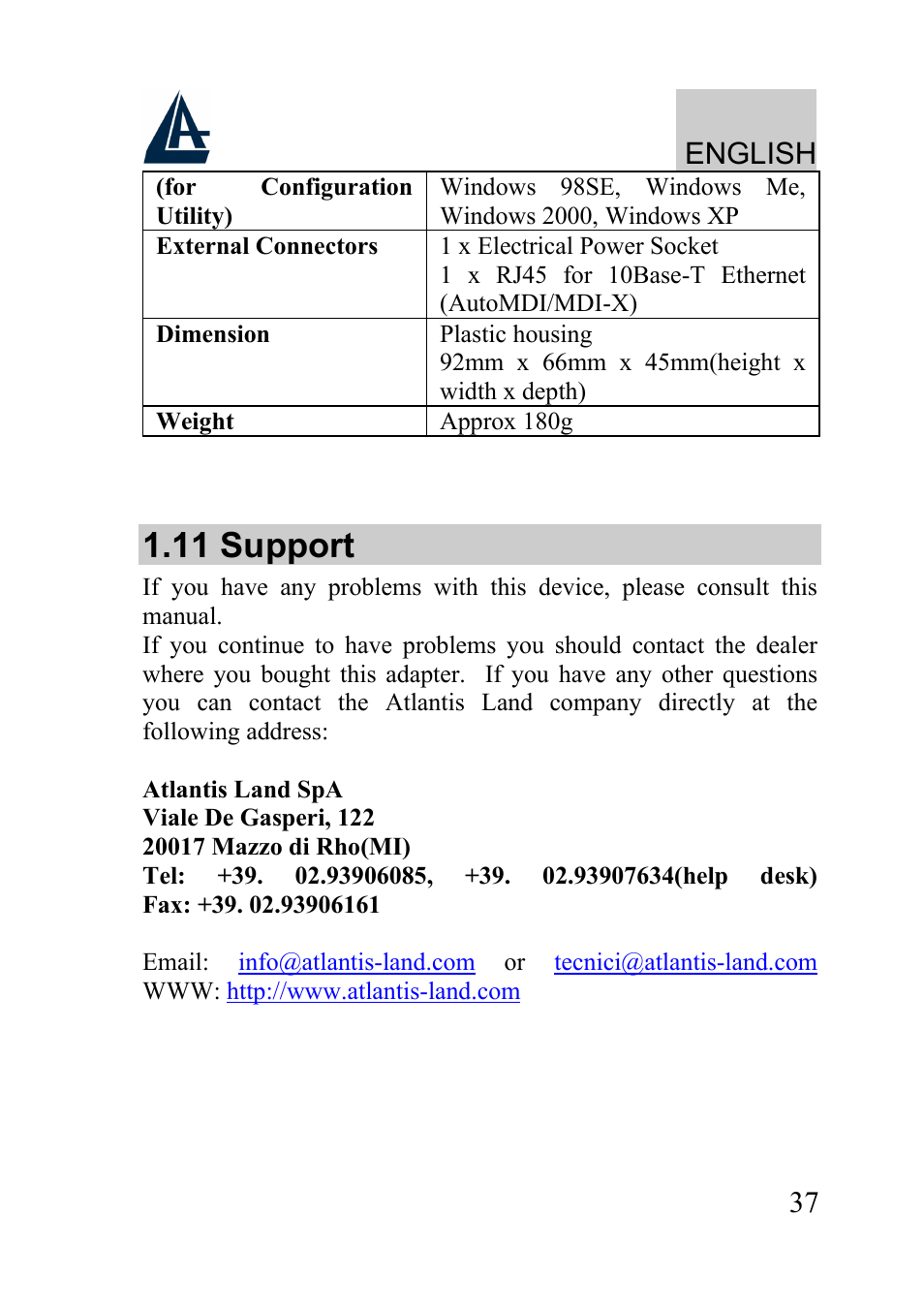 11 support, English | Atlantis Land A02-PL100 User Manual | Page 40 / 58