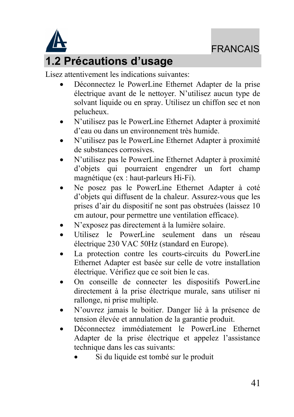 2 précautions d’usage, Francais | Atlantis Land A02-PL100 User Manual | Page 44 / 58