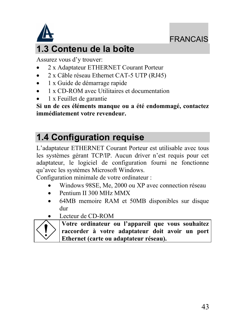 3 contenu de la boîte, 4 configuration requise, Francais | Atlantis Land A02-PL100 User Manual | Page 46 / 58