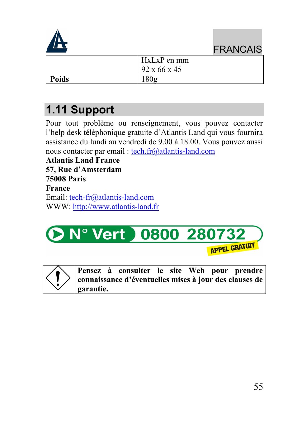 11 support, Francais | Atlantis Land A02-PL100 User Manual | Page 58 / 58