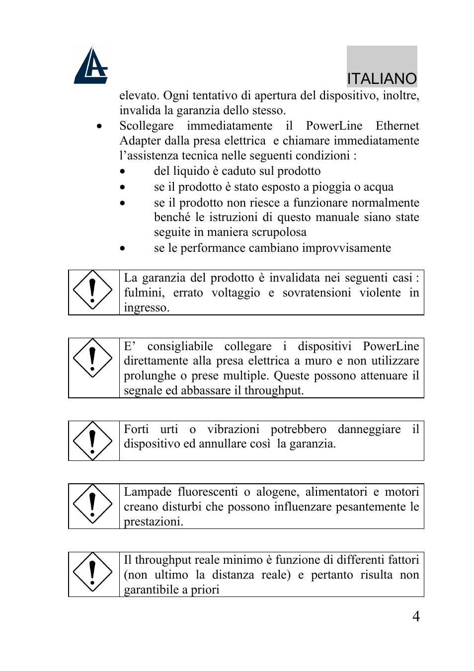 Italiano | Atlantis Land A02-PL100 User Manual | Page 7 / 58