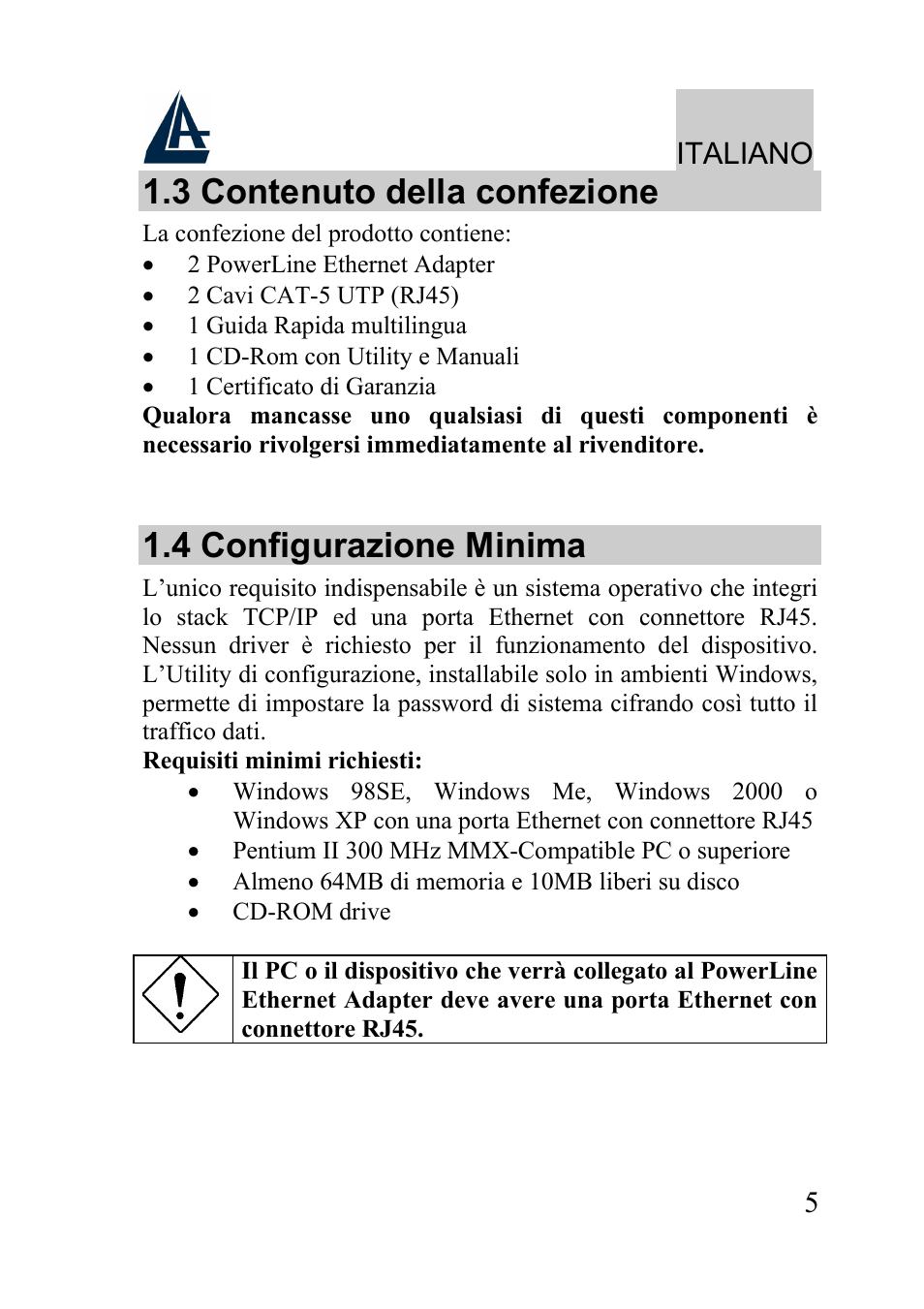 3 contenuto della confezione, 4 configurazione minima, Italiano | Atlantis Land A02-PL100 User Manual | Page 8 / 58