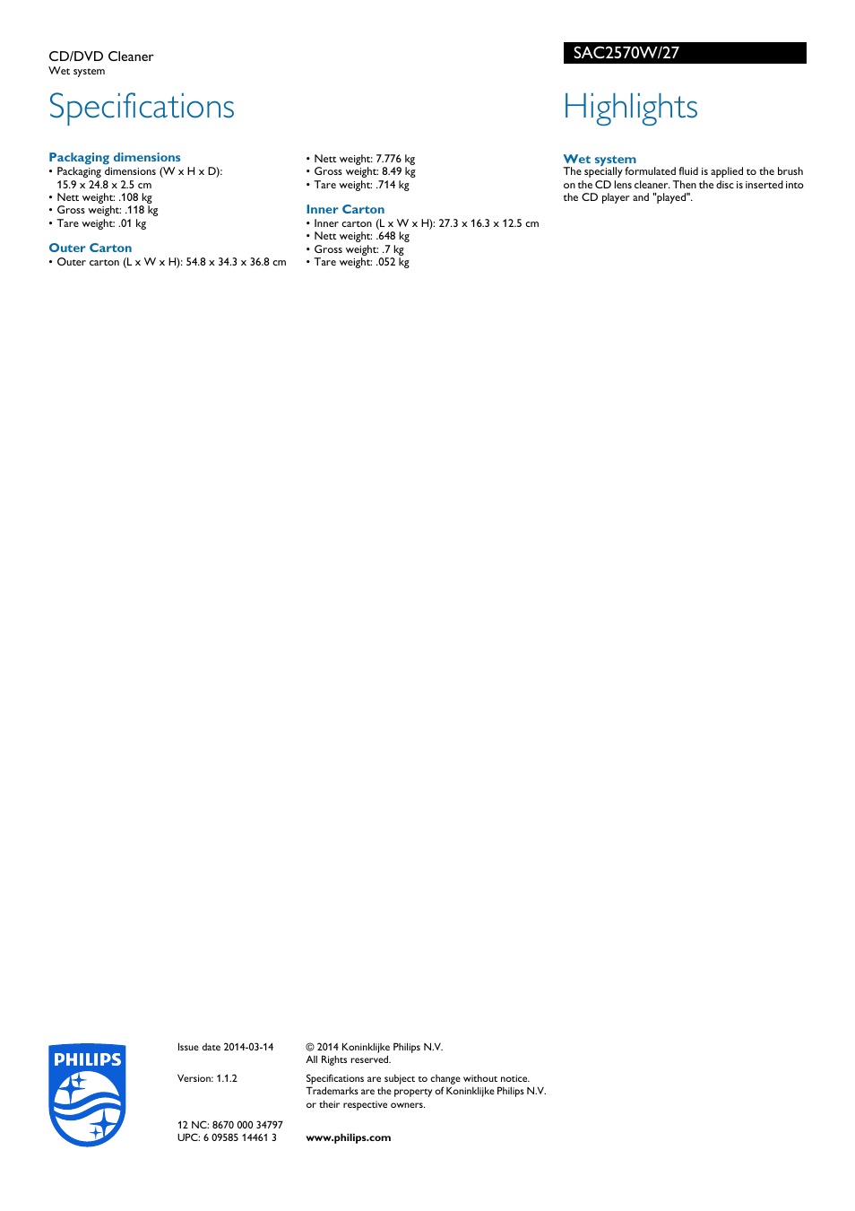 Specifications, Highlights | Philips CD-DVD Cleaner SAC2570W Wet system User Manual | Page 2 / 2
