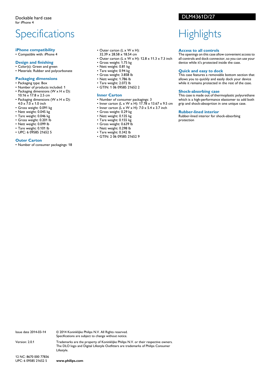 Specifications, Highlights | Philips DLM4361D-27 User Manual | Page 2 / 2