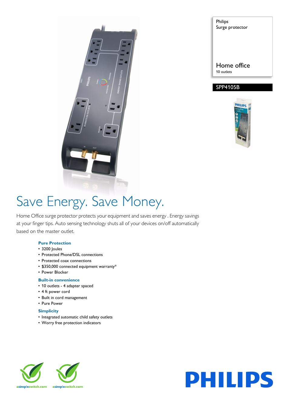 Philips Surge protector SPP4105B Home office 10 outlets User Manual | 2 pages