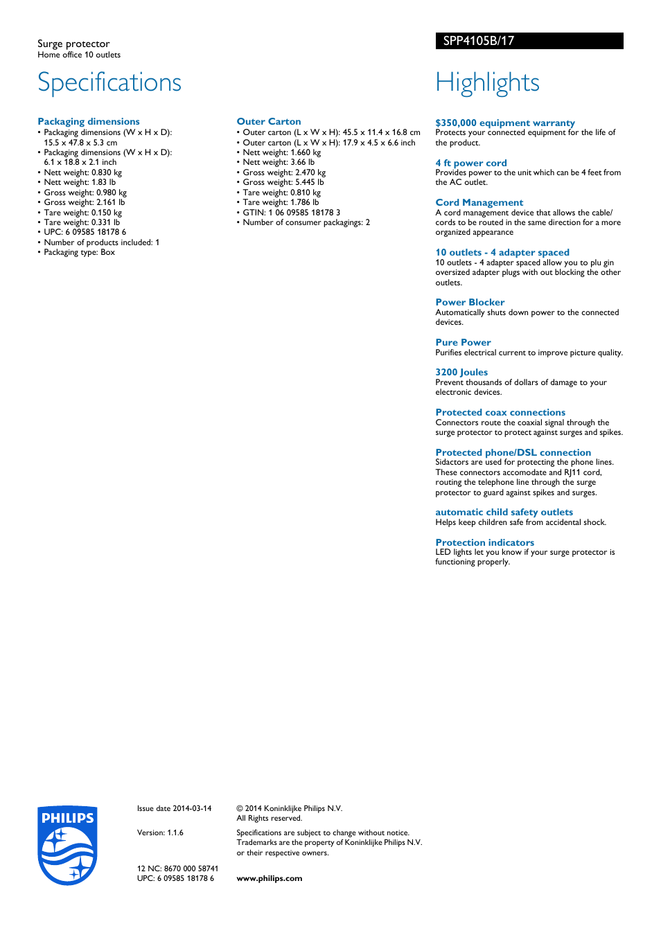 Specifications, Highlights | Philips Surge protector SPP4105B Home office 10 outlets User Manual | Page 2 / 2