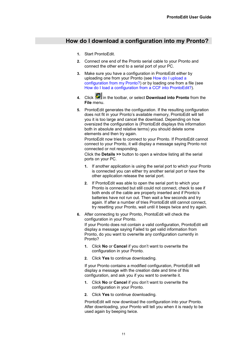 How do i download a configuration into my pronto | Philips TSU2000099 User Manual | Page 11 / 29