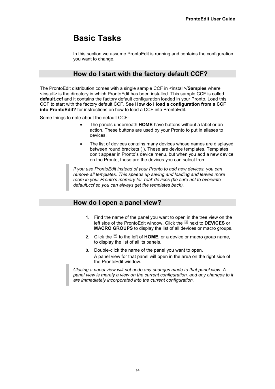 Basic tasks, How do i start with the factory default ccf, How do i open a panel view | Philips TSU2000099 User Manual | Page 14 / 29