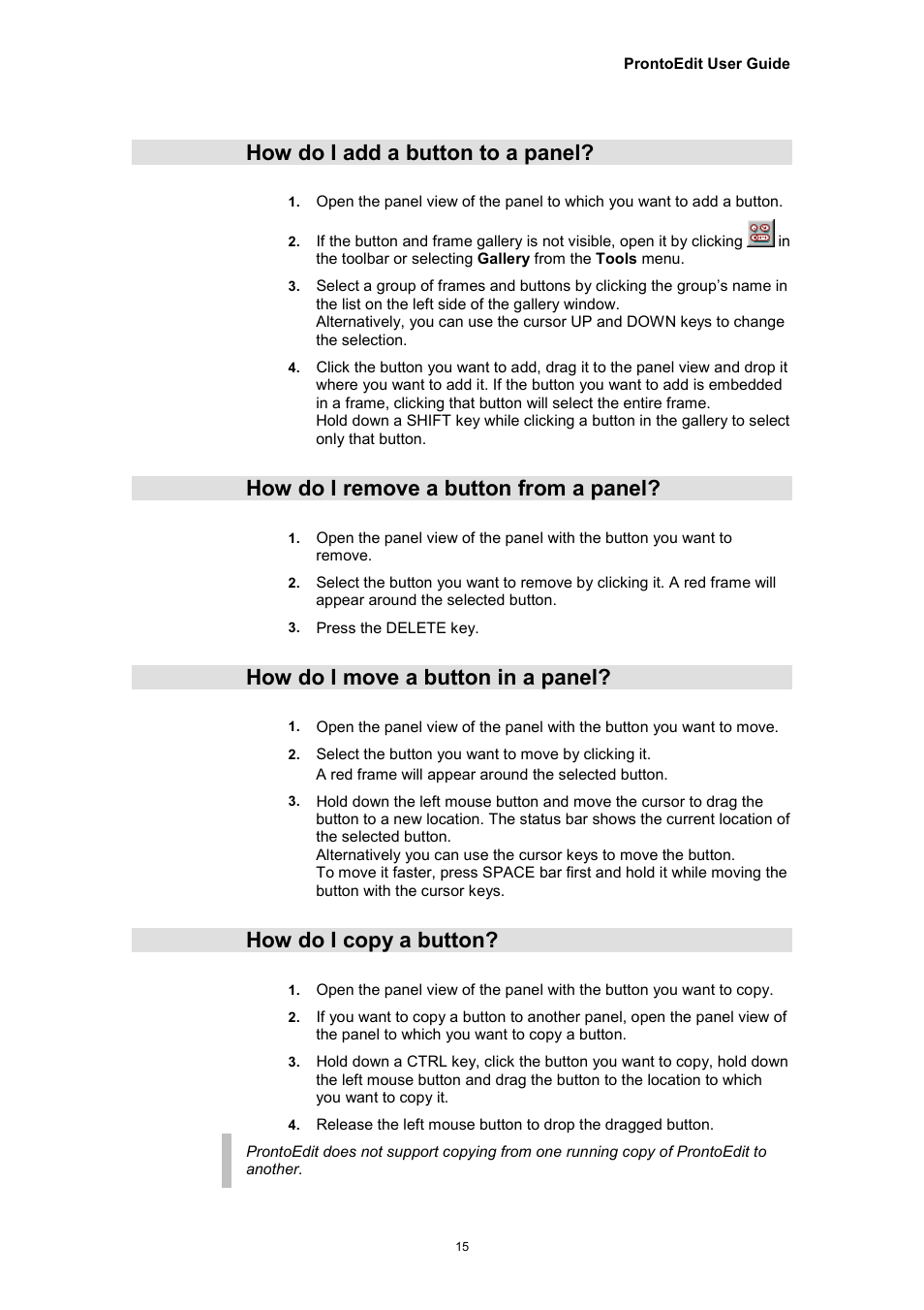 How do i add a button to a panel, How do i remove a button from a panel, How do i move a button in a panel | How do i copy a button | Philips TSU2000099 User Manual | Page 15 / 29