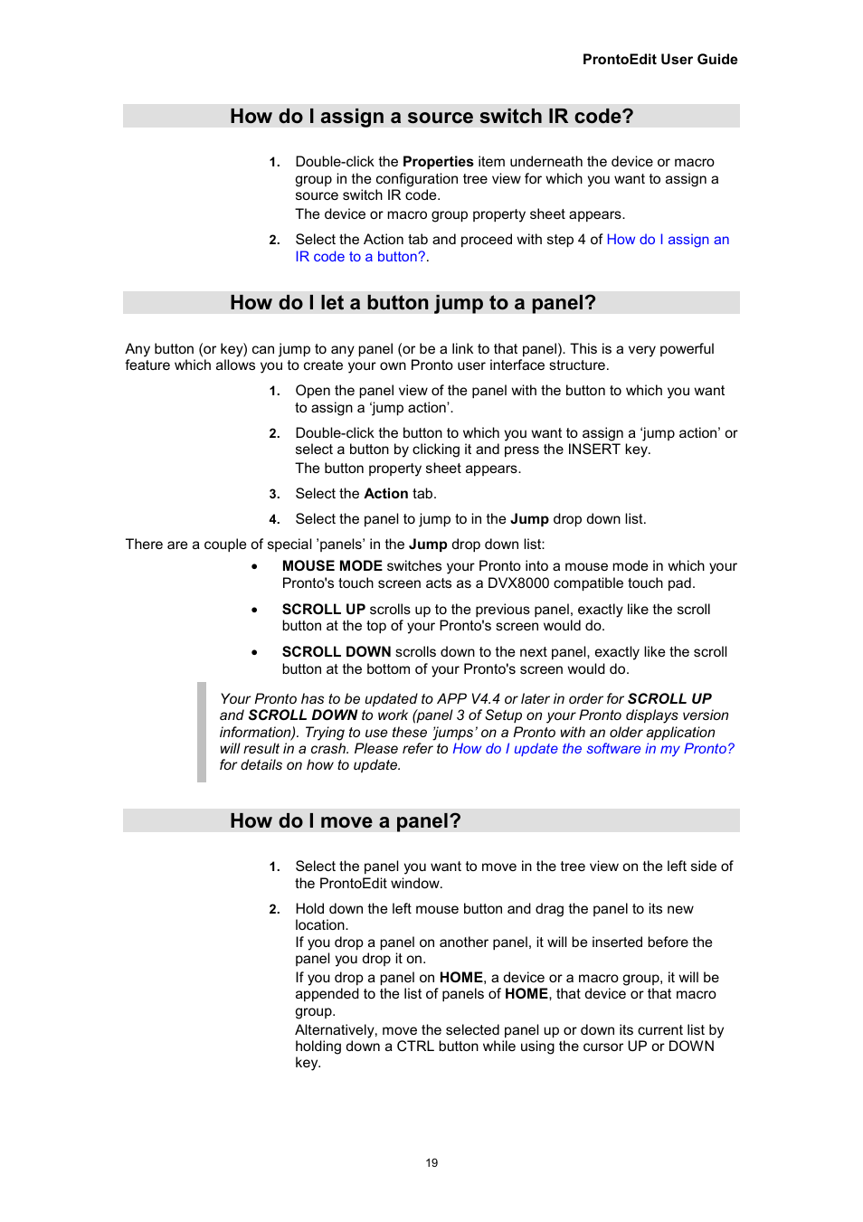 How do i assign a source switch ir code, How do i let a button jump to a panel, How do i move a panel | Philips TSU2000099 User Manual | Page 19 / 29