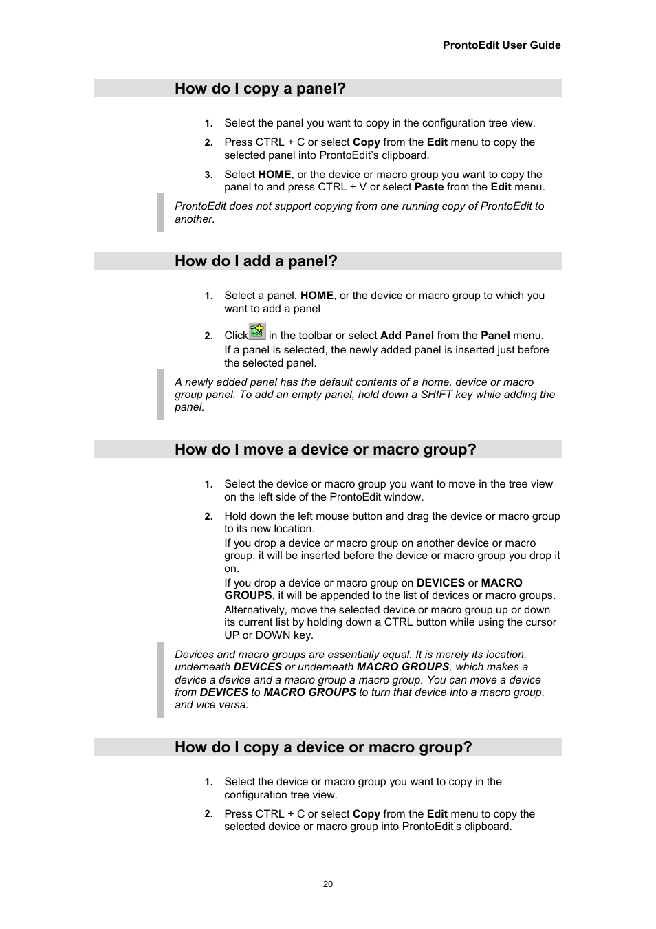 How do i copy a panel, How do i add a panel, How do i move a device or macro group | How do i copy a device or macro group | Philips TSU2000099 User Manual | Page 20 / 29