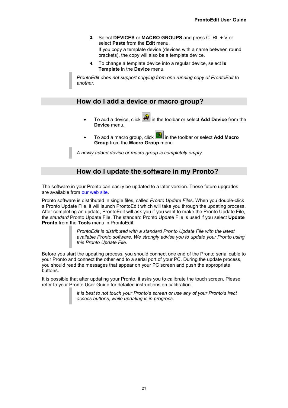 How do i add a device or macro group, How do i update the software in my pronto | Philips TSU2000099 User Manual | Page 21 / 29