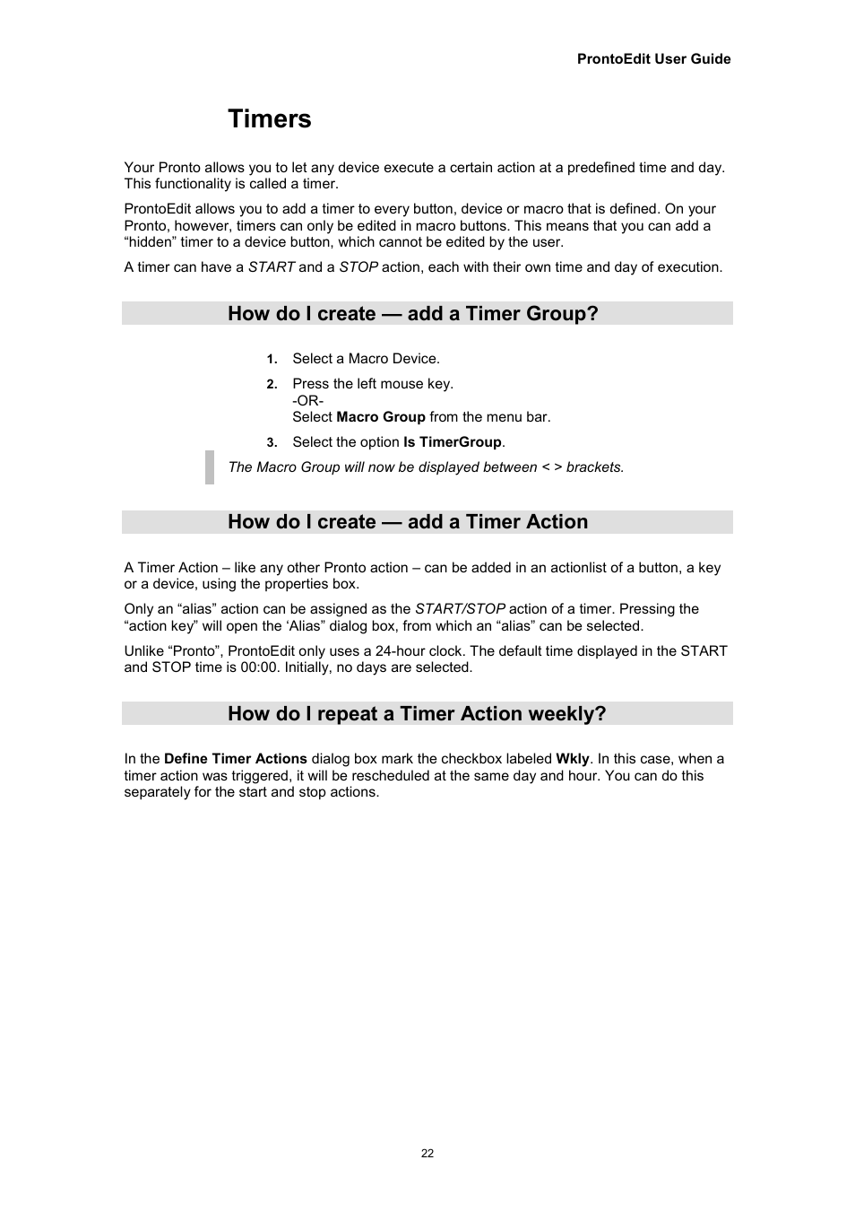 Timers, How do i create — add a timer group, How do i create — add a timer action | How do i repeat a timer action weekly | Philips TSU2000099 User Manual | Page 22 / 29