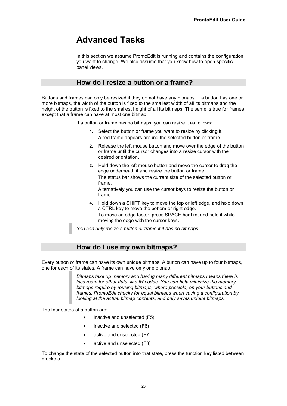 Advanced tasks, How do i resize a button or a frame, How do i use my own bitmaps | Philips TSU2000099 User Manual | Page 23 / 29