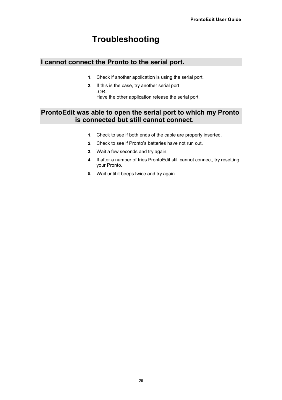 Troubleshooting, I cannot connect the pronto to the serial port, Connected but still cannot connect | Philips TSU2000099 User Manual | Page 29 / 29