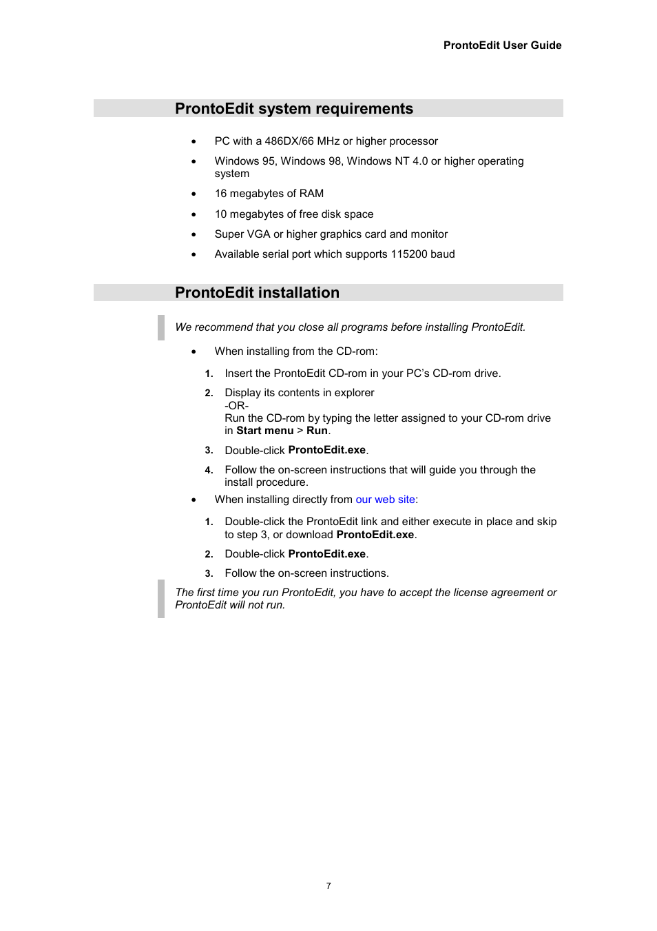 Prontoedit system requirements, Prontoedit installation | Philips TSU2000099 User Manual | Page 7 / 29