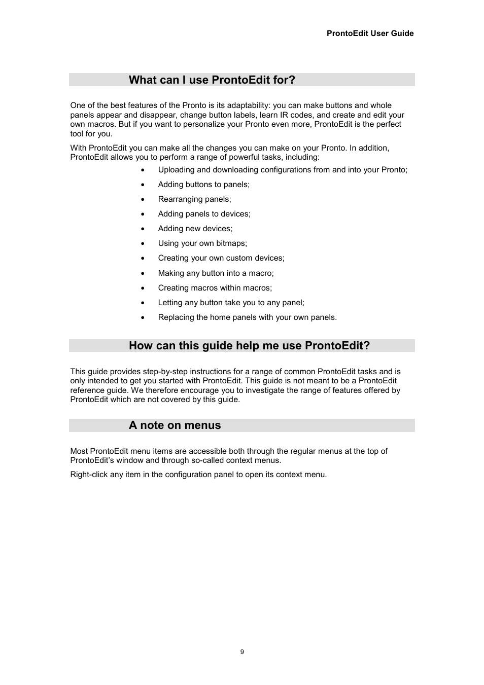 What can i use prontoedit for, How can this guide help me use prontoedit, A note on menus | Philips TSU2000099 User Manual | Page 9 / 29