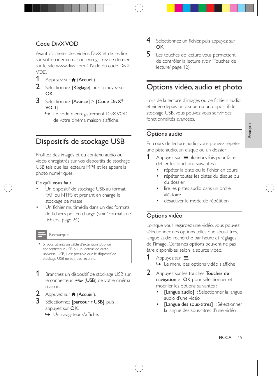 Dispositifs de stockage usb, Options vidéo, audio et photo, Afficher les options avancées | En cours de lecture d'un fichier, Audio, vidéo ou multimédia. (v | Philips 5.1 Home theater HTB3524 3D Blu-ray WiFi User Manual | Page 101 / 124