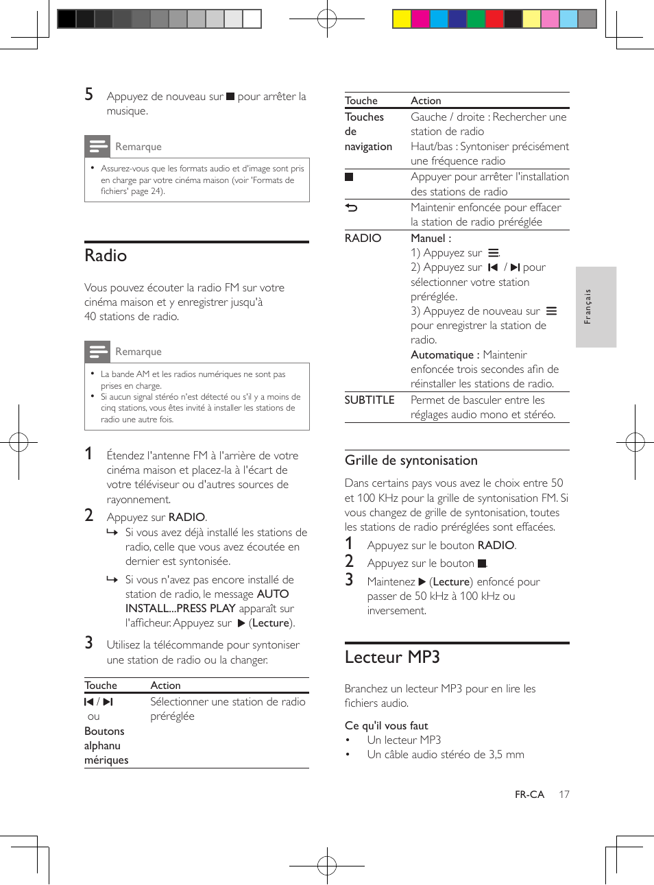 Radio, Lecteur mp3, Grille de syntonisation | Philips 5.1 Home theater HTB3524 3D Blu-ray WiFi User Manual | Page 103 / 124