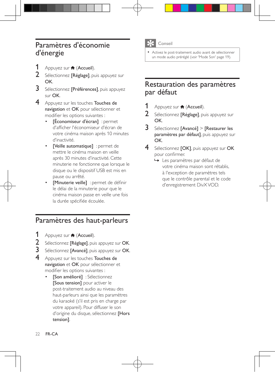 Paramètres d'économie d'énergie, Paramètres des haut-parleurs, Restauration des paramètres par défaut | Restauration des paramètres par défaut 22, Paramètres d'économie d'énergie 1, Paramètres des haut-parleurs 1, Restauration des paramètres par défaut 1 | Philips 5.1 Home theater HTB3524 3D Blu-ray WiFi User Manual | Page 108 / 124
