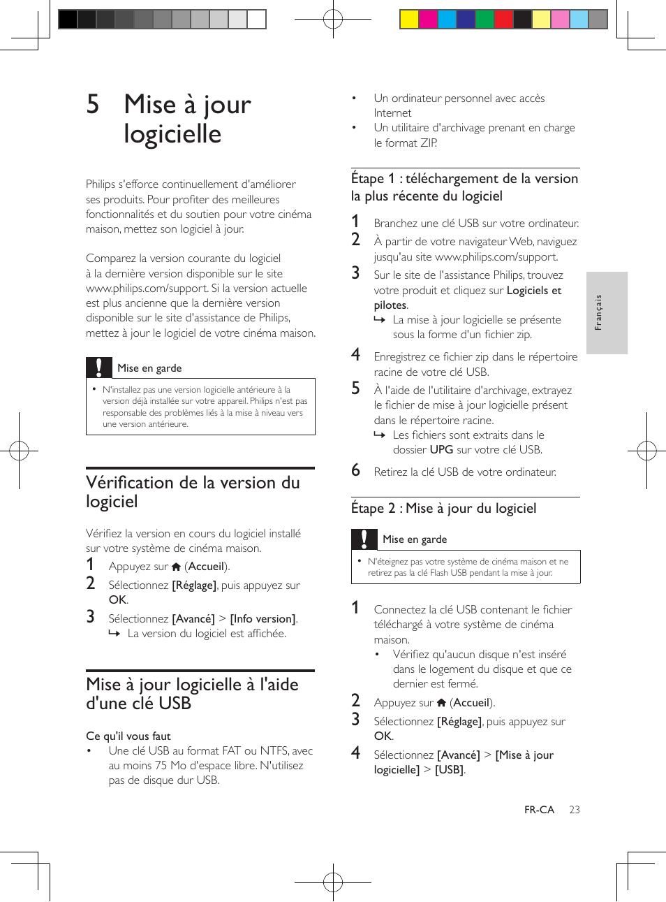 5 mise à jour logicielle, Vérification de la version du logiciel, Mise à jour logicielle à l'aide d'une clé usb | Mise à jour logicielle à l'aide d'une clé | Philips 5.1 Home theater HTB3524 3D Blu-ray WiFi User Manual | Page 109 / 124