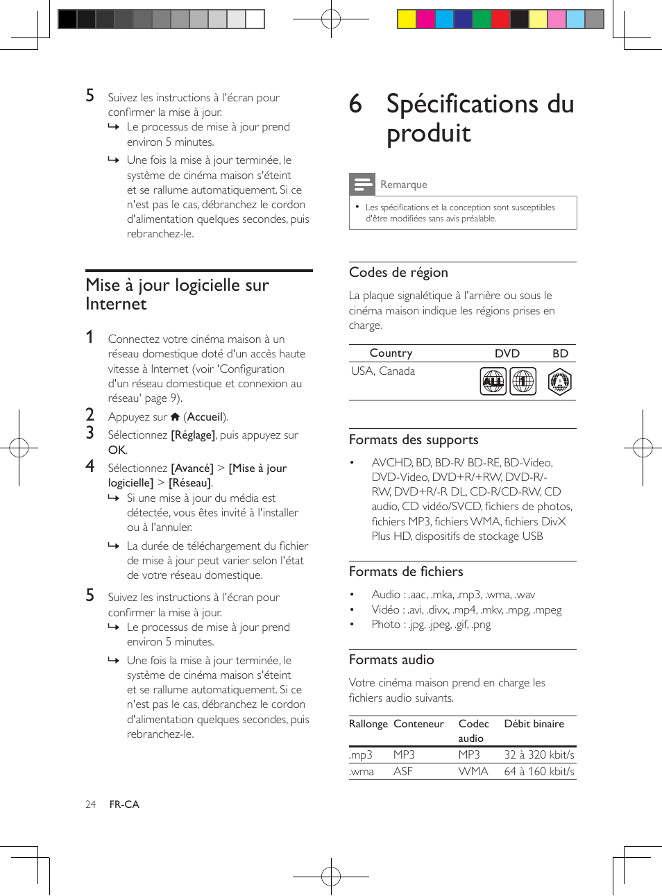 Mise à jour logicielle sur internet, 6 spécifications du produit, Avant de lire un | Fichier, assurez-vous que le format du fichier est, Pris en charge par votre cinéma maison, Un fichier multimédia dans un des formats, De fichiers pris en charge (v | Philips 5.1 Home theater HTB3524 3D Blu-ray WiFi User Manual | Page 110 / 124