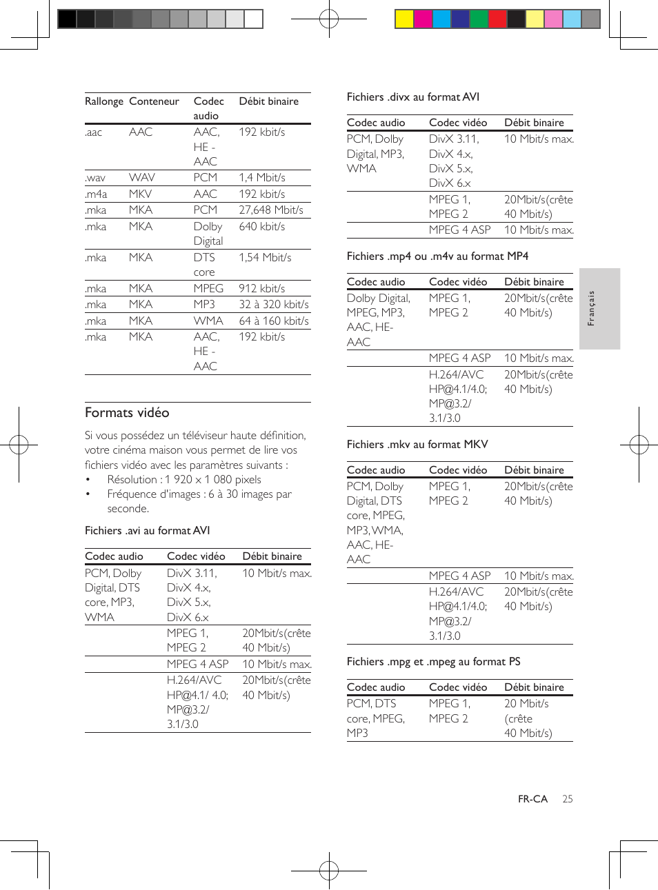 Formats vidéo | Philips 5.1 Home theater HTB3524 3D Blu-ray WiFi User Manual | Page 111 / 124