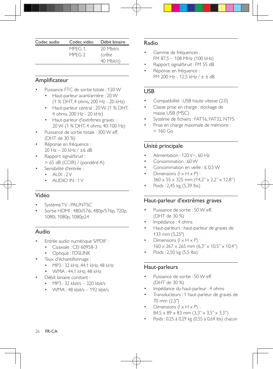 Amplificateur, Vidéo, Audio | Radio, Unité principale, Haut-parleur d'extrêmes graves, Haut-parleurs | Philips 5.1 Home theater HTB3524 3D Blu-ray WiFi User Manual | Page 112 / 124
