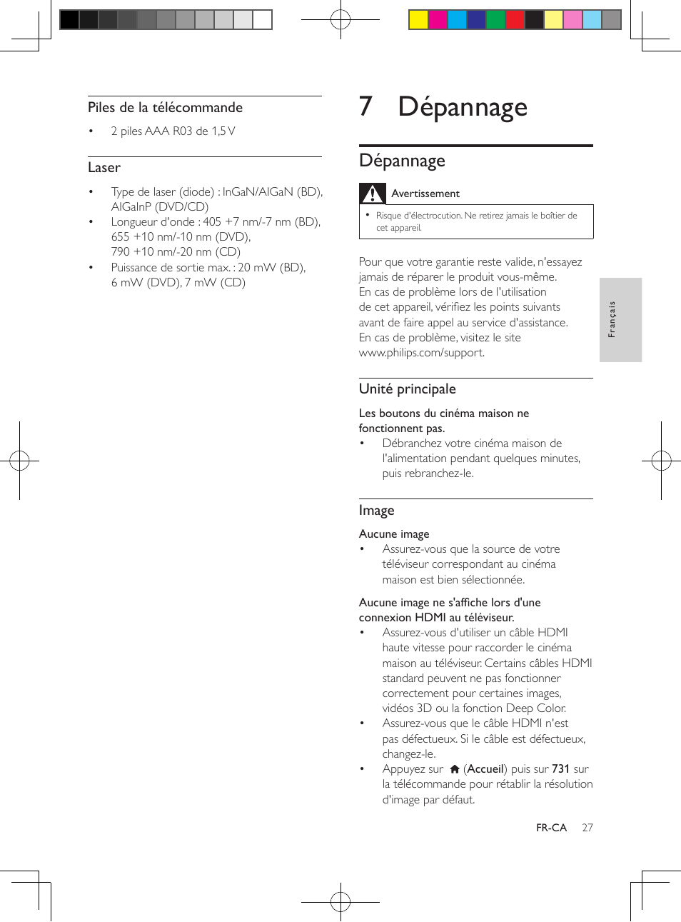 7 dépannage, Dépannage, Piles de la télécommande | Laser, Unité principale, Image | Philips 5.1 Home theater HTB3524 3D Blu-ray WiFi User Manual | Page 113 / 124