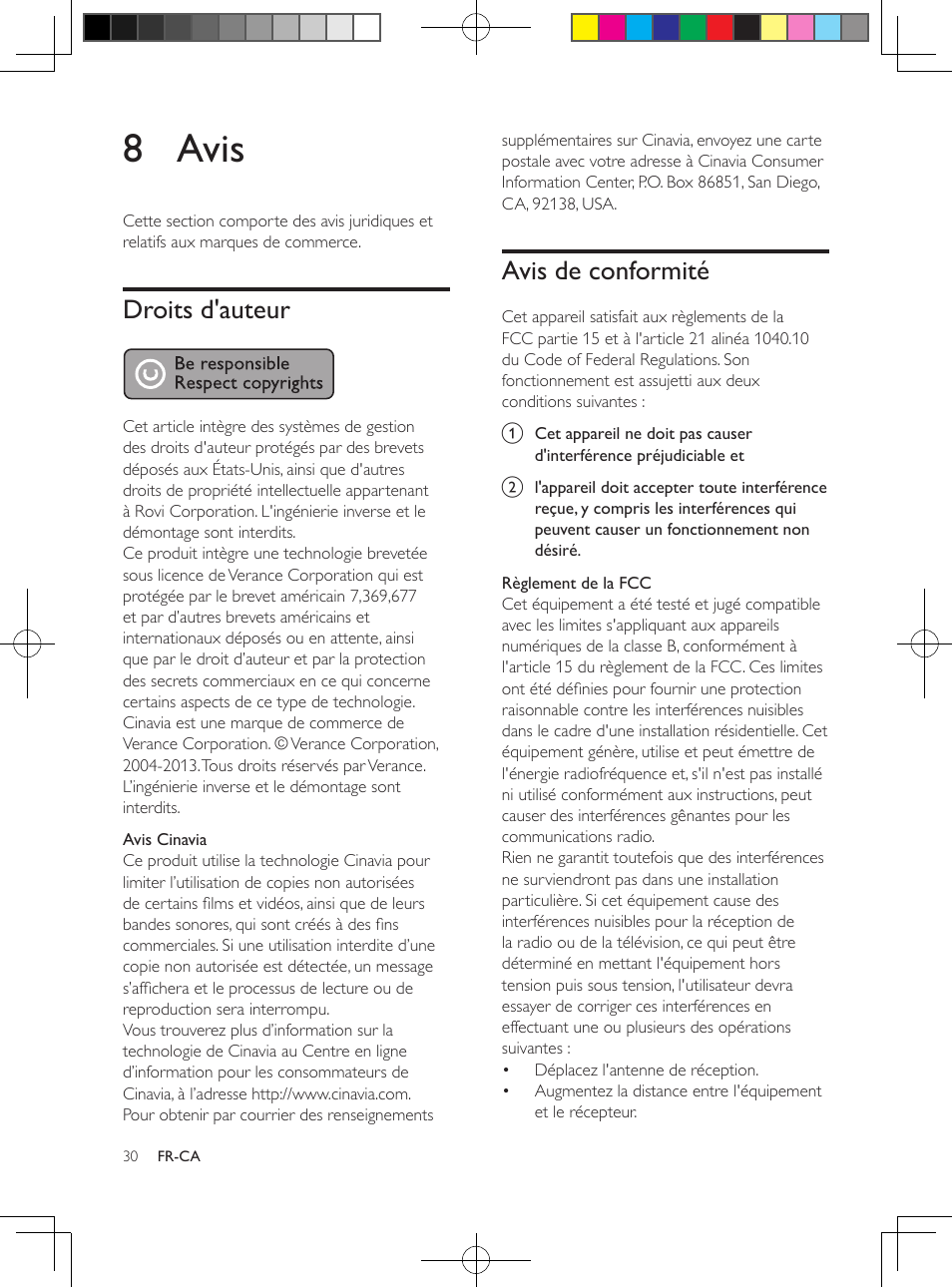 8 avis, Droits d'auteur, Avis de conformité | Philips 5.1 Home theater HTB3524 3D Blu-ray WiFi User Manual | Page 116 / 124