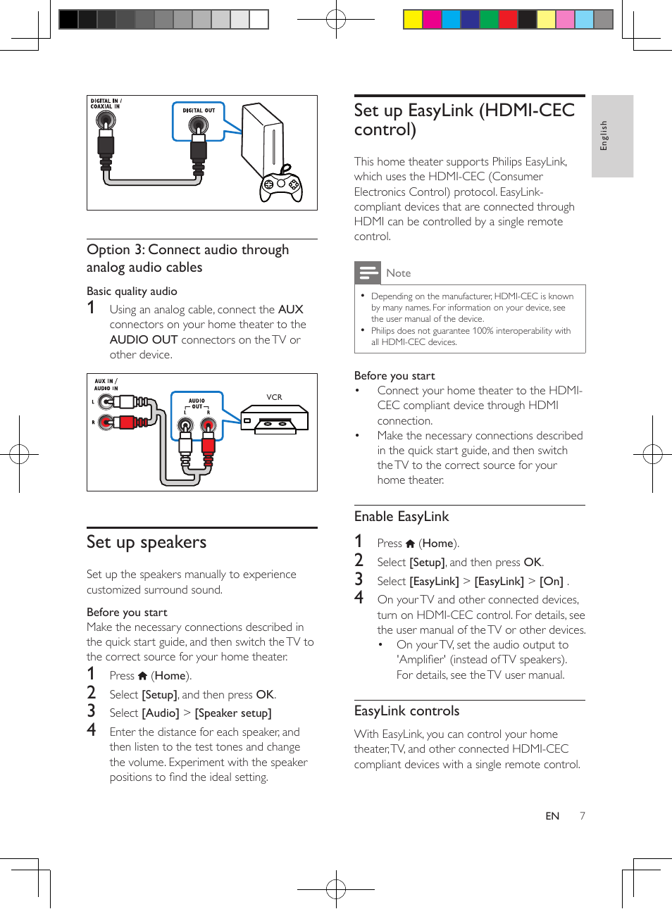 Set up speakers, Set up easylink (hdmi-cec control), Hdmi-cec is a feature that enables | Cec compliant devices that are, Connected through hdmi to be, Controlled by a single remote control, Such as volume control for both the, Tv and the home theater. (see 'set | Philips 5.1 Home theater HTB3524 3D Blu-ray WiFi User Manual | Page 27 / 124