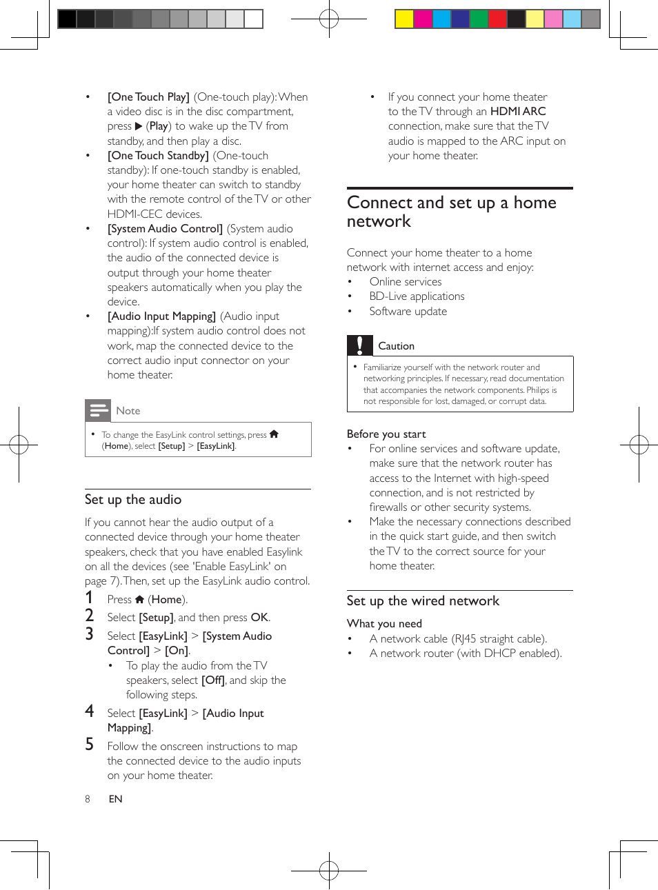 Connect and set up a home network, If you cannot hear the tv audio, Through your home theater, set up the | Audio manually (see 'set up the audio, Set up the audio, Set up the wired network | Philips 5.1 Home theater HTB3524 3D Blu-ray WiFi User Manual | Page 28 / 124